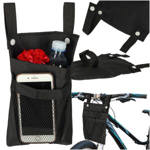 Black bicycle handlebar bag with phone, water bottle, and flower, mounted on bicycle - Bicycle Bag