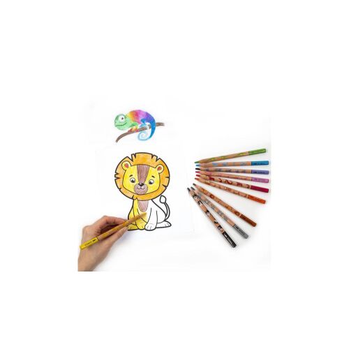 Creioane colorate triunghiulare Kidea Jumbo EKO VASTAG, 10 bucăți, design cu animale din savană, desen pentru copii, colorat, materiale de artă