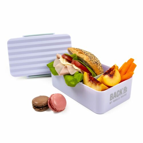 BackUp lila-minze Brotdose gefüllt mit Sandwich, Obst und Macarons