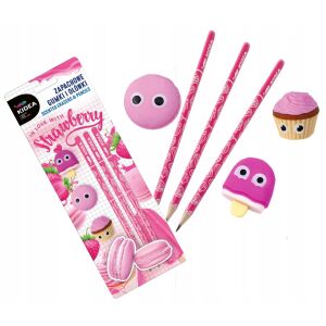 Kidea Erdbeerduft Bleistifte und Radiergummi Set - 3 HB Bleistifte mit Erdbeer-Radiergummis (Macaron, Cupcake, Eis) - Derform