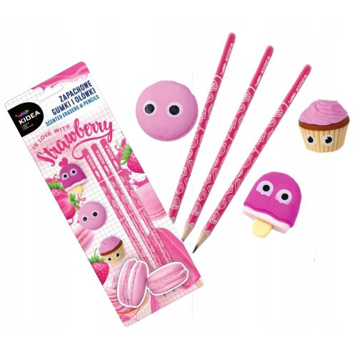 Kidea Eper Illatú Ceruza és Radír Készlet - 3 HB ceruza eper témájú radírokkal (macaron, cupcake, fagylalt)