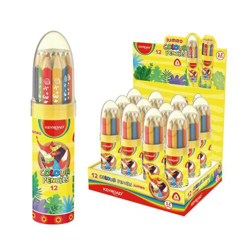 Keyroad Jumbo Colour Pencils, 12 assorted colours, triangular, rocket shaped container