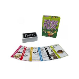 Игра на карти Zombie Fluxx с разпръснати карти, показващи геймплея - Asmodee Настолна игра