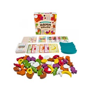 Komponente društvene igre Hammhalom: kutija, karte, drveni komadi hrane. Zabavna igra ravnoteže za obiteljsku večer igara. - Igračka