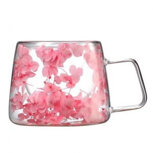 Rosa getrocknete Blumen doppelwandiger Glasbecher, wärmeisoliert, Hortensie, 180 ml, Vorderansicht - Ecarla