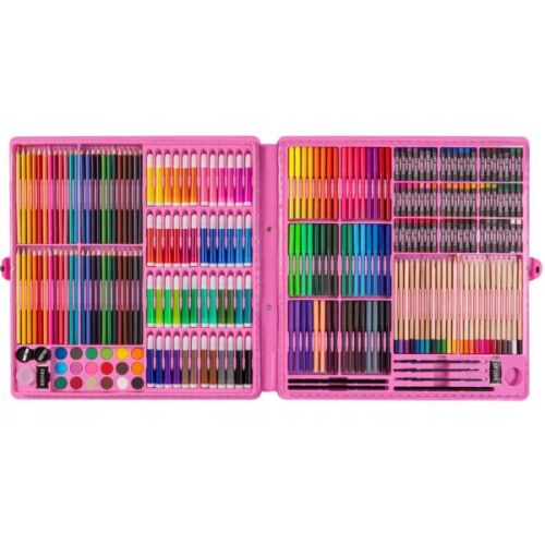 Nagy rózsaszín rajzkészlet színes ceruzákkal, filctollakkal, krétával, festékekkel és még sok mással