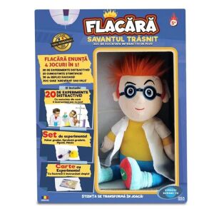 Flame - Šialený vedec interaktívna plyšová hračka, plyšová hračka s červenou parochňou, okuliarmi a žltým laboratórnym plášťom, držiac skúmavku - Interaktívne plyšáky