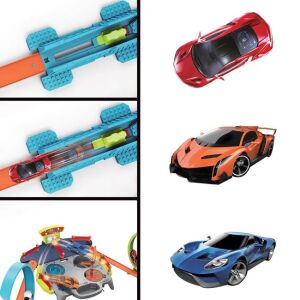 Závodná dráha s odpaľovacím zariadením a 2 kovovými autíčkami, so zvukmi a svetlami, 57x7,5x37cm, viacfarebná 136040129 - Vlak, železničný prvok, diaľnica