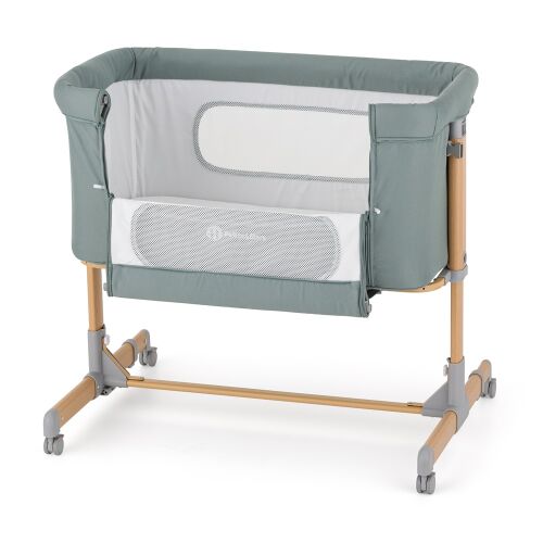 Petite&Mars Grace Compact Cot Foggy Green, adjustable height, side opening, wheels, baby crib, bedside crib