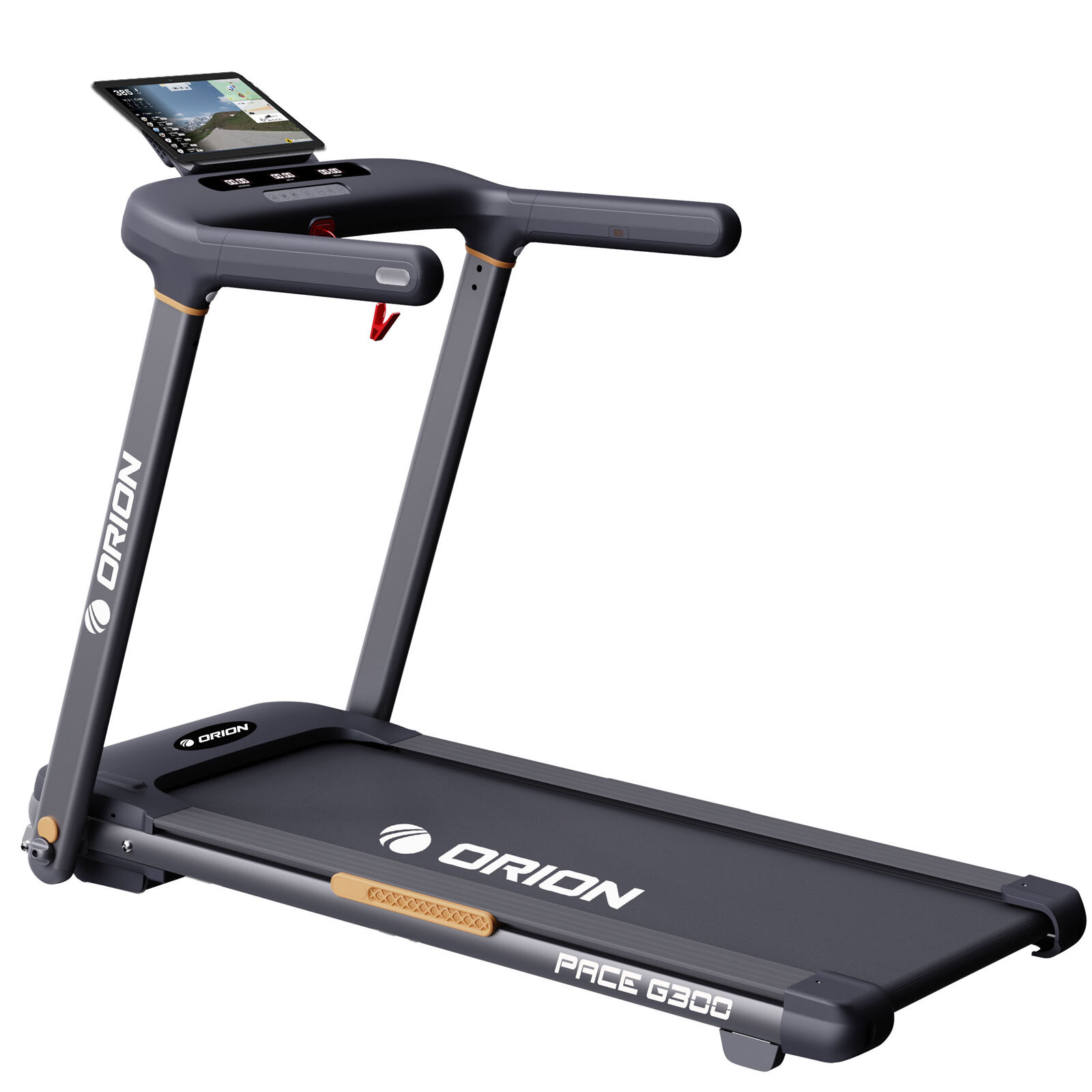Orion Pace G300 Elektromos Futópad, Automatikus Dőlésszög 20 Szinttel, Bluetooth Spax/Kinomap/Zwift, Maximális Felhasználói Súly 120 kg, 2.5 LE Motor, LED Kijelző, Előre Beállított Programok, 120x45 cm