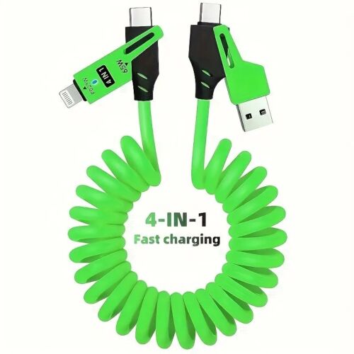 Cablu de Date 4 in 1 cu Incarcare Rapida - USB, Lightning si Type -C - Flexibil si Compact, 1,5m, Verde ABYZ™
