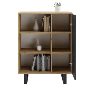 Vitrină Fondi cu ușă neagră și rafturi din stejar, mobilier modern pentru living - Biblioteci și rafturi