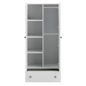 Szafa dziecięca Stella z uchwytami w kształcie piłek, biała, otwarte drzwi, widoczne wewnętrzne półki i szuflada - Szafa dziecięca