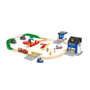 Set interactiv BRIO cu tren și vehicule de pompieri și poliție - Tren, element feroviar, autostradă