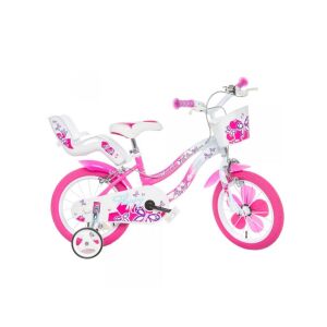 Flappy 14 colos rózsaszín-fehér lány kerékpár pillangós mintával, kosárral és hátsó üléssel, segédkerekekkel - Dino Bikes