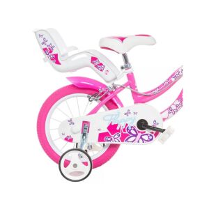 Flappy 16 colos rózsaszín-fehér lány kerékpár járókerekekkel, kosárral és babaüléssel, Dino Bikes - Dino Bikes