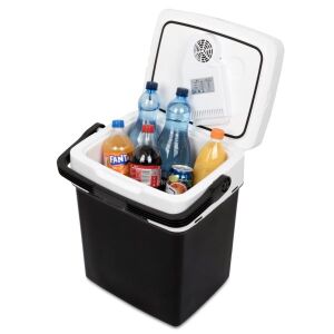 Chłodziarka samochodowa Maverick 32L z napojami w środku, otwarta pokrywa, pokazująca wnętrze - Torba chłodząca, opakowanie na lód