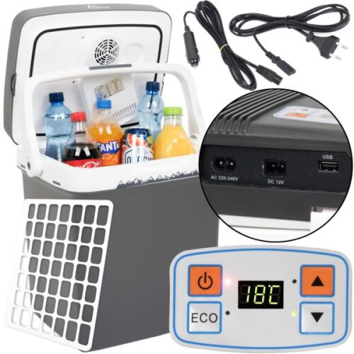 Chłodnica samochodowa Maverick 30L, kolaż, pokazujący różne kąty, funkcje i akcesoria