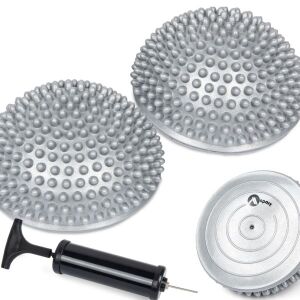 Set de două mingi de echilibru gri în formă de semidome cu bază plată și o pompă manuală neagră - Echipamente de fitness
