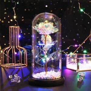 Trandafir etern in sticla, cu lumina LED, Multicolor 126373999 - Idee de cadou pentru Valentine's Day