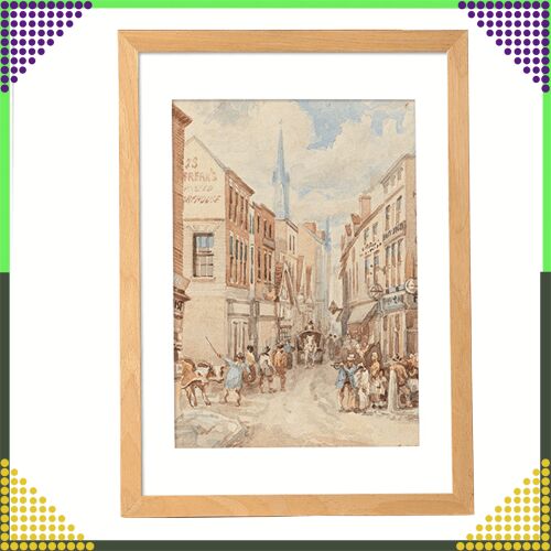 Drevený rám na obraz s akvarelovým obrazom uličnej scény