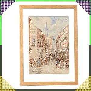 Drewniana ramka do obrazu z akwarelą przedstawiającą uliczną scenę - Ramka na zdjęcia