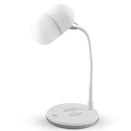 Lampă de birou albă cu încărcător wireless și difuzor Bluetooth încorporat