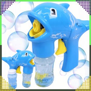 Pistol cu bule de săpun, în formă de delfin, albastru, cu două sticle de soluție pentru bule - Bule de sapun