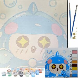 Комплект за рисуване по номера за деца, с очарователен анимационен герой, който духа балончета, показващ платното, боите, четките и окачващите елементи - Изкуства и хобита