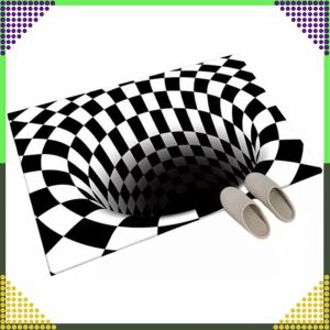 Czarno-biały szachownica 3D iluzja dywan, biały otwór projekt, 60x90 cm - Projektowanie wnętrz