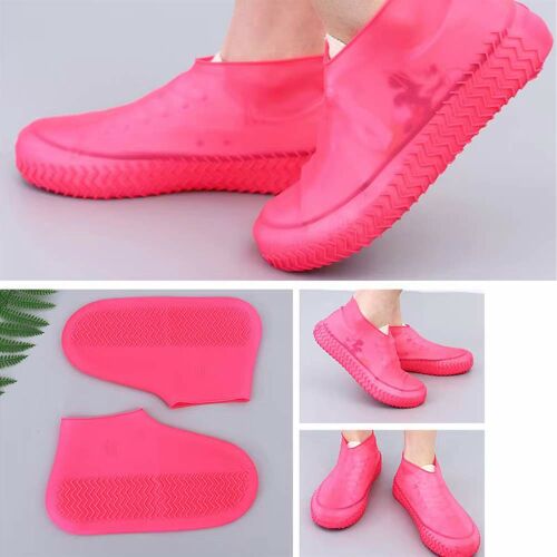 Ružové vodotesné silikónové návleky na topánky s protišmykovou podrážkou, nosené na nohách a zobrazené ako koláž