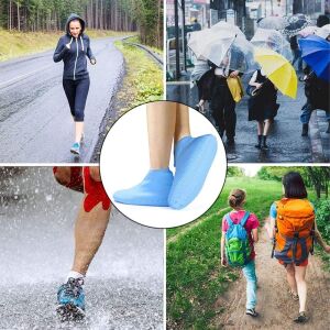 Colaj cu oameni care poartă huse impermeabile pentru pantofi din silicon albastru, cu talpă antiderapantă, în diverse situații - Protecții de încălțăminte