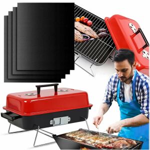 Koláž zobrazujúca červený a čierny prenosný gril s vekom, muža, ktorý na ňom griluje, a štyri čierne nepriľnavé grilovacie rohože - Záhradné grily, pece