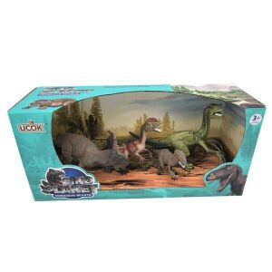 Set mit 4 Dinosauriern – Triceratops, Dilophosaurus, Velociraptor und Velociraptor-Baby