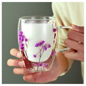 Fioletowy kubek z suszonymi kwiatami, podwójne ścianki, szkło borokrzemianowe, 300 ml 126380787 - Szkło