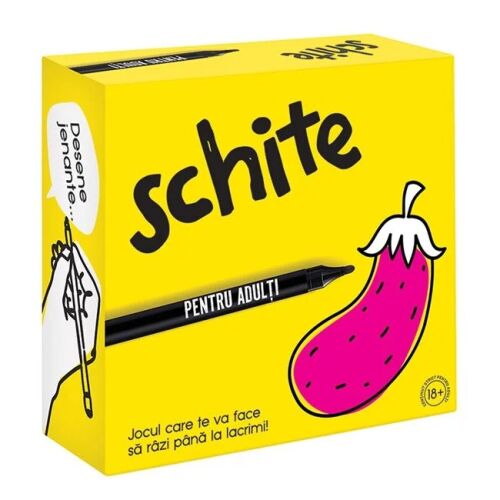 Krabica hry Shite pre dospelých, žltá krabica s ružovou baklažánom, čierny fixka, veková hranica 18+