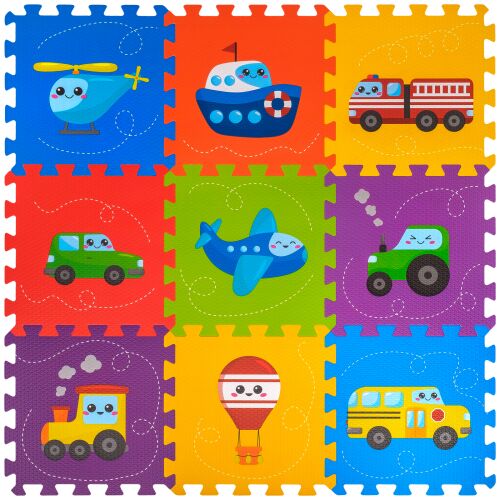 FizioTab EVA habszivacs puzzle szőnyeg helikopter, hajó, tűzoltóautó, autó, repülőgép, traktor, vonat, léggömb és busz mintákkal