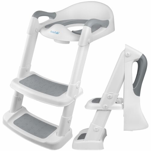 Gyermek WC szűkítő FizioTab összecsukható létrával, csúszásmentes felülettel számokkal és betűkkel, csúszásgátló, hordozható, fehér/szürke