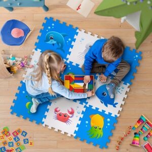 FizioTab Ocean Model habszivacs puzzle szőnyeg játszó gyerekekkel, 86x86 cm - Szivacs puzzle