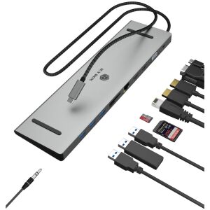 ICY BOX IB-DK2106a-CPD dokkoló állomás USB-C csatlakozással és számos porttal, beleértve az audio csatlakozót, USB-t, HDMI-t és kártyaolvasót. - RaidSonic