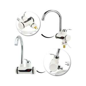 Collage von Ansichten des Durchlauferhitzer-Wasserhahns - WC-Sitze, Duschkabine, Wasserhahn, Duschtür, Badezimmerschrank, Wäschekörbe und Brausegarnitur