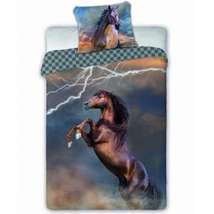 Súprava posteľnej bielizne s koňom, hnedý kôň s bleskom, vzor búrky, pre deti - Posteľná bielizeň