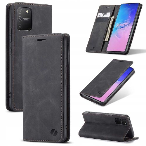 Kollázs a Spacecase fekete pénztárca tokról Samsung Galaxy S10 Lite többféle nézetben - Spacecase