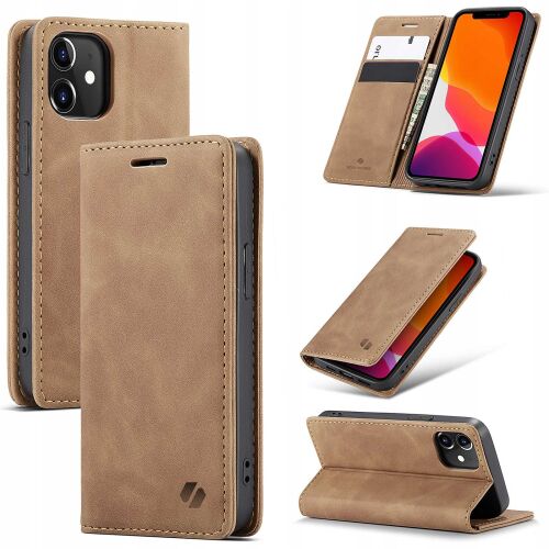 Kollázs a Spacecase világosbarna pénztárca tokról iPhone 12 és 12 Pro készülékekhez különböző nézetekben - Spacecase