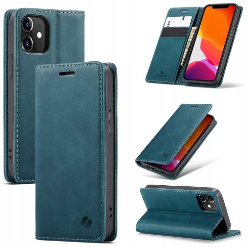 Kollázs a Spacecase kék pénztárca tok funkcióiról iPhone 12/12 Pro készülékhez - Spacecase