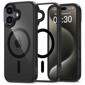 Husă Tech-Protect Magmat MagSafe Negru/Transparent pentru iPhone 16, prezentând compatibilitatea MagSafe și designul transparent al spatelui - Tech-Protect Huse telefon