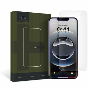 Hofi Hybrid Glass Pro+ Displayschutzfolie für iPhone 13, 13 Pro und 14 auf dem Telefon angebracht mit Einzelhandelsverpackung - Handyhüllen