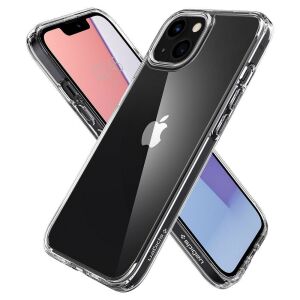Angewinkelte Ansicht der Spigen Ultra Hybrid iPhone 13 Klarsichthülle, Design und Schutz werden gezeigt - Spigen