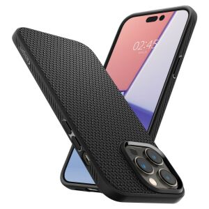 Spigen Liquid Air iPhone 14 Pro Max Matte Black Hülle auf Telefon - Winkelansicht - Spigen