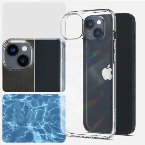 Priehľadné puzdro Spigen Crystal Pack pre iPhone 14 Plus s telefónom a textúrou vody